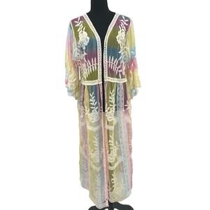 Rachel Zoe Kimono Womens OS Rainbow Multi Mesh Floral Embroidered Boho Duster